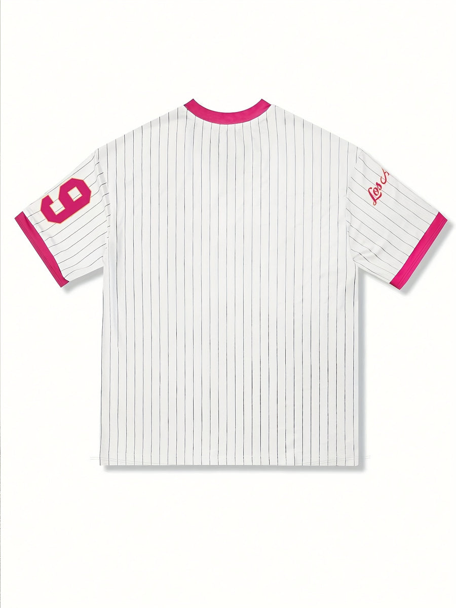 European and American V-neck Trendy Letter Print Sports T-shirt - Rose Red