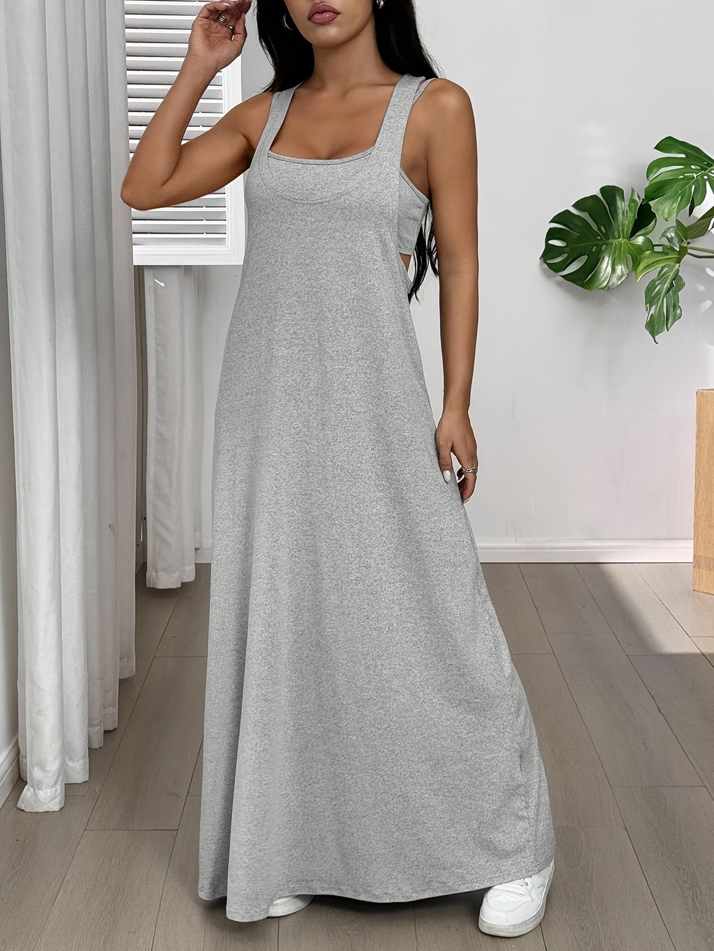 Women'S Solid Sleeveless Casual Dress And Built-In Camisole Summer Dress, 2pcs Dress Set - Grey