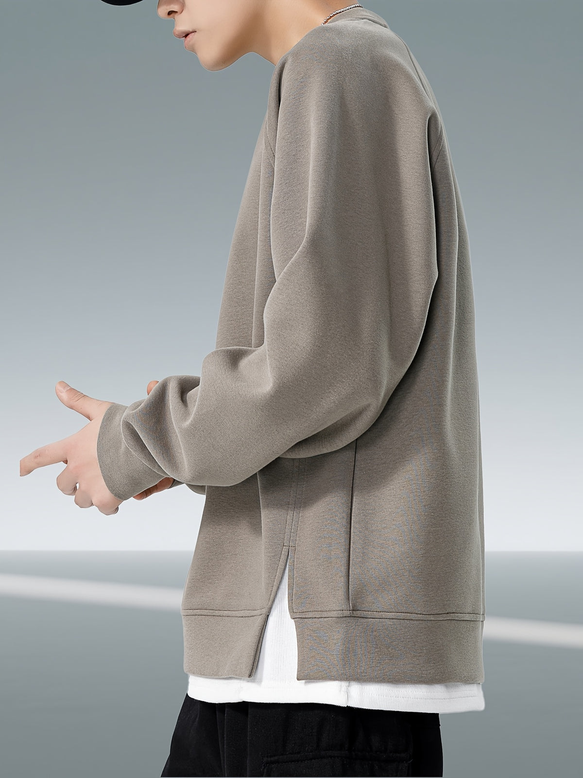 Autumn And Winter New Men'S Heavyweight 350G Fake Two-Piece Crew Neck Sweatshirt, Fashionable Raglan Sleeve Versatile Pullover, Loose Blend 67% + 33% Fiber Sports Sweatshirt - Gray Green