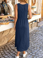 Sleeveless Casual Dress | Crew Neck, Solid Color, Split Detail, Fitted, Spring/Fall, Brand: Amnfuil - Navy Color