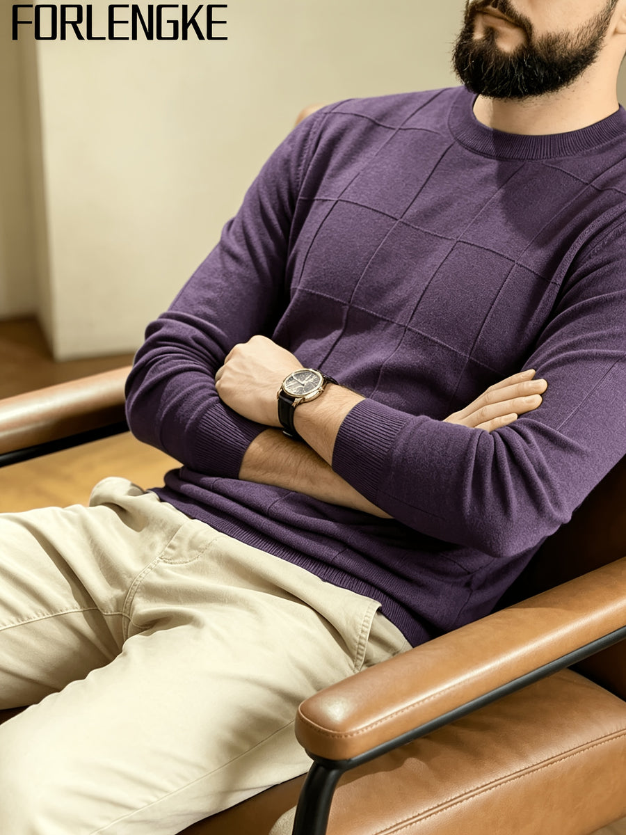 FORLENGKE Stylish Elegant Men'S Business Casual Grid Textured Crew Neck Knit Sweater, Soft Warm Long Sleeve Pullover for Fall Winter Office Daily Wear - Purple Gray