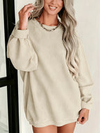 Women's Versatile, Casual-chic Round-neck Sweatshirt; Autumn Top; Fashionable Corduroy Long-sleeve Top for Work and Casual Attire; Loose Fit for Comfort, Soft Against the Skin, and Warm Without Looking Bulky; Simple Round Neckline with a Versatile - Apricot