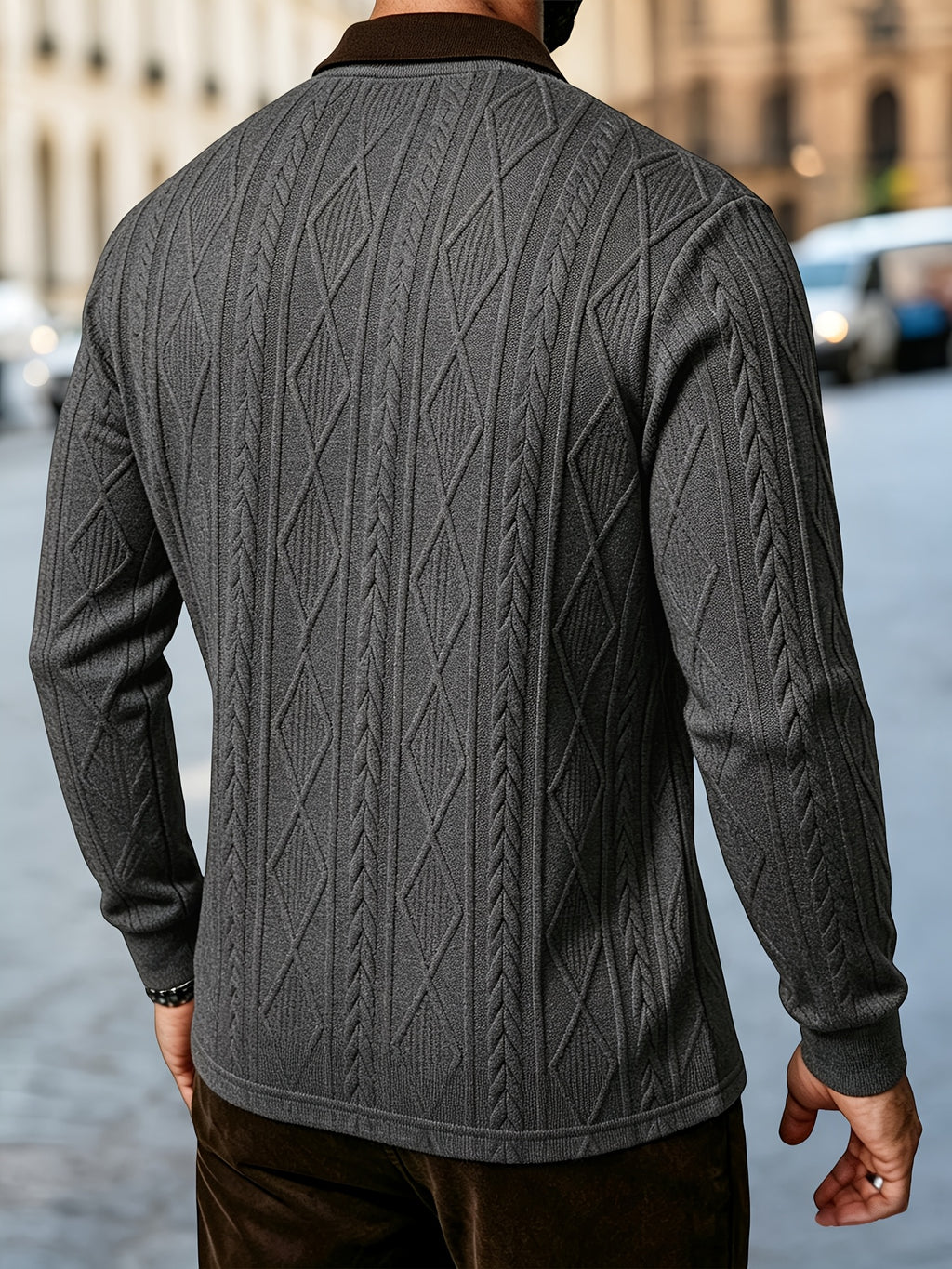 Men'S Fashion Long-Sleeve Polo Shirt, 3D Relief Golf Character Print, Foam Weight Craft, Contrast Color Reversible Design T-Shirt, Essential for Golf And Polo Wear, Breathable Warm And Skin-Friendly Comfort, Indoor Gatherings And Outdoor Sports - Grey