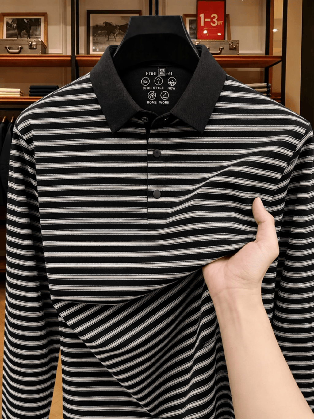 Men's Thin Striped Lapel Long Sleeve Polo Top, Wrinkle Free Loose Casual Long Sleeve T-Shirt, Business Basic Apparel for Middle-aged Dads, Spring Autumn Clothes for Golf, Fishing, Tennis Daily Wear - Black