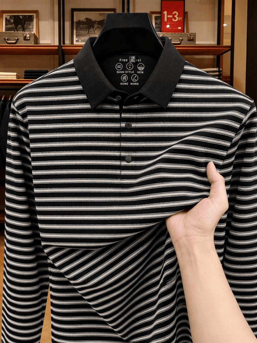Men's Thin Striped Lapel Long Sleeve Polo Top, Wrinkle Free Loose Casual Long Sleeve T-Shirt, Business Basic Apparel for Middle-aged Dads, Spring Autumn Clothes for Golf, Fishing, Tennis Daily Wear - Black