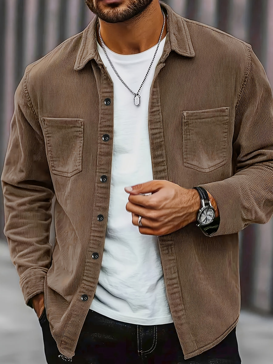 Men's Corduroy Shirt - American Retro Solid Color Long Sleeve Shirt for Men, Casual Wrinkle-Resistant Non-Iron Corduroy Shirt with Two Pockets, Trendy Versatile Corduroy Jacket for Sports, Outdoor, and Daily Wear. - Coffee Color