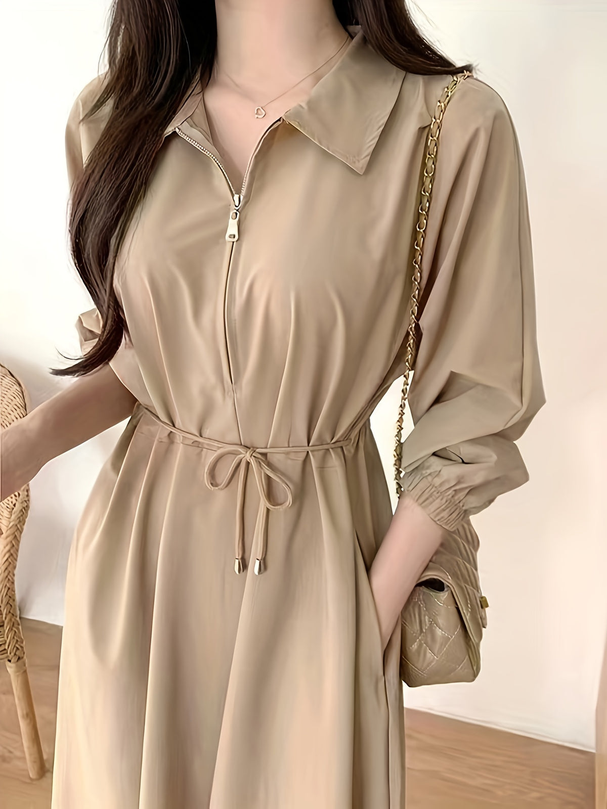 Lapel Tie Dress - Khaki