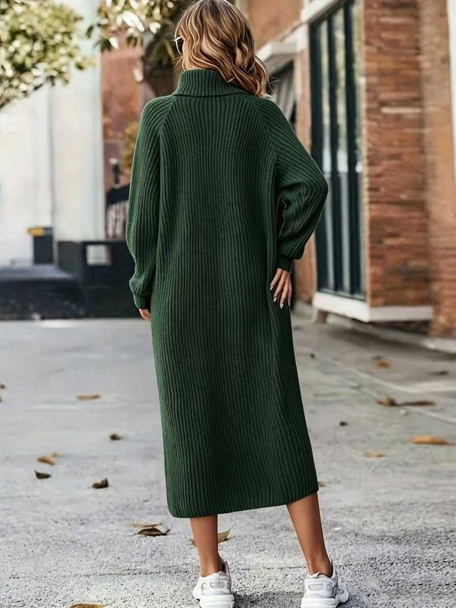 Oversized Long-sleeve Slouchy Turtleneck Sweater Dress, a Relaxed and Long-length Layering Skirt, a Top for Both Outerwear and Inner Layering, Suitable for Casual Wear, Home, and Commuting, Offering Comfort and Style - Dark Green