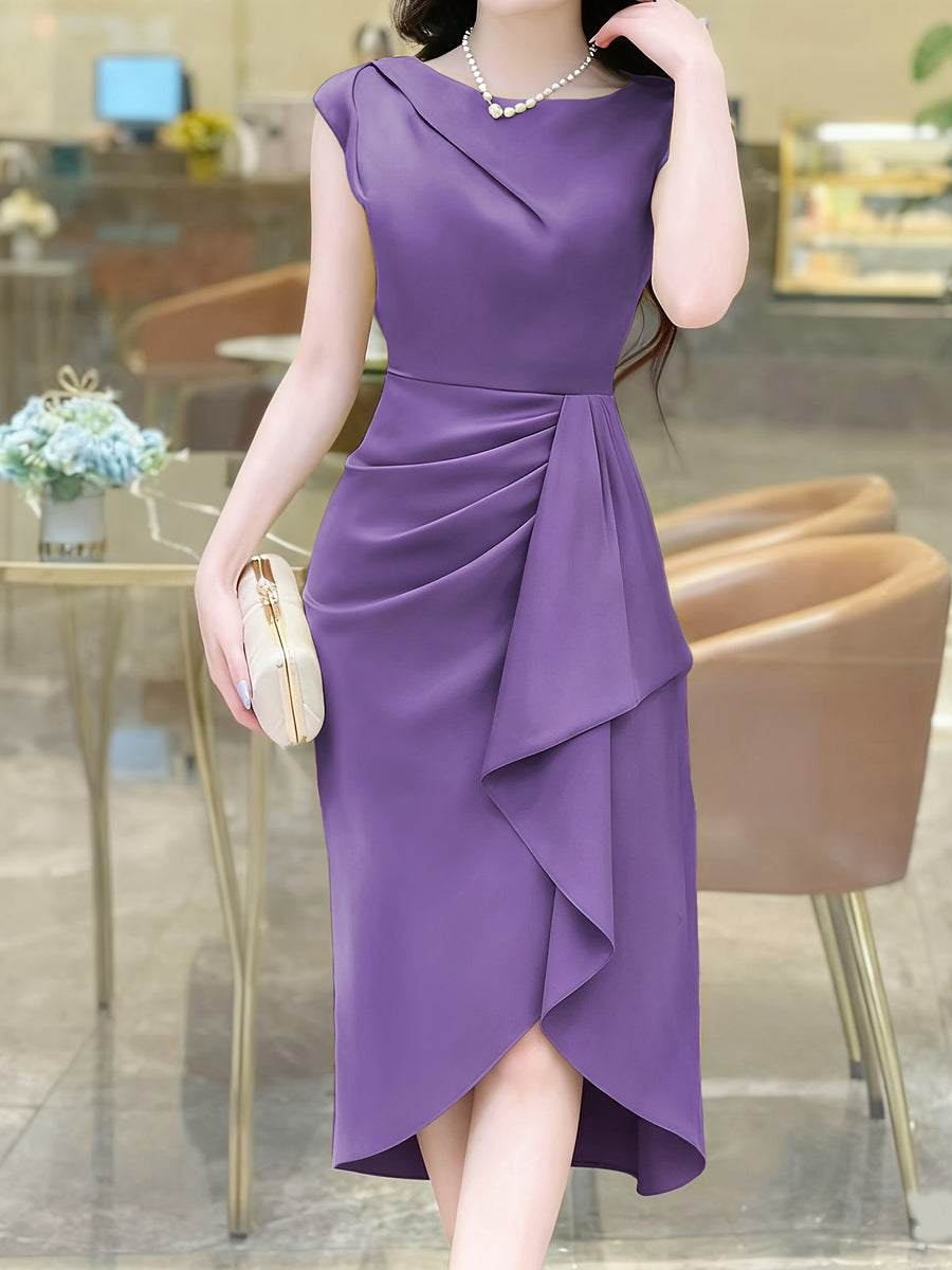 Spring-Summer Pleated Asymmetrical Elegant Design Women's Dress Gown - Purple