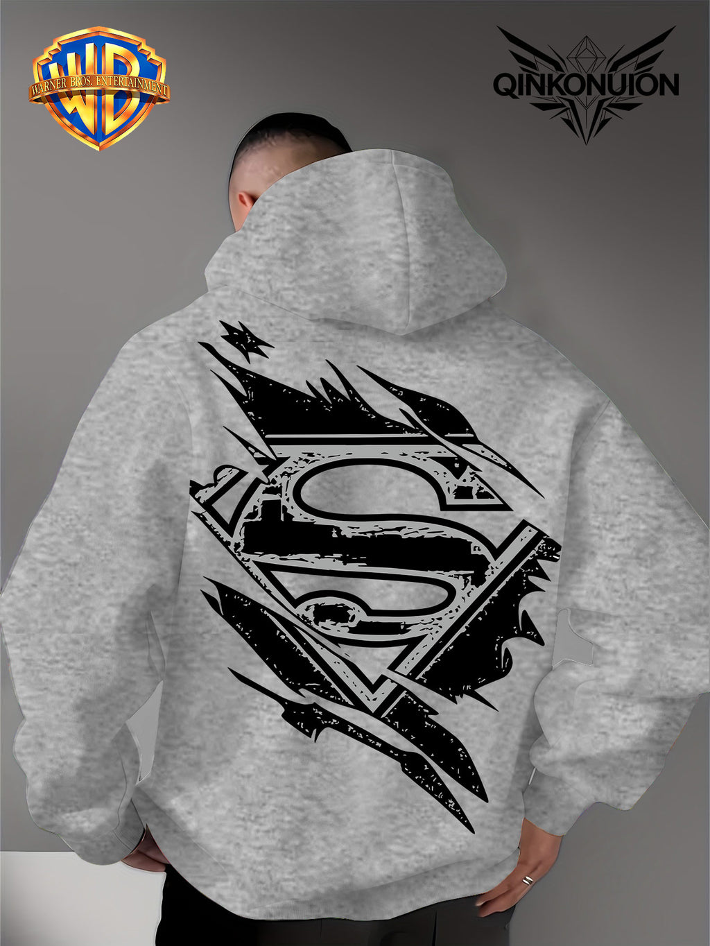 Warner Official Men's Hooded Sweatshirt, Black and White Distressed Batman Symbol Torn Wind Print Design, Machine Washable, Cozy and Comfortable Daily Drawstring Hooded Sweatshirt for Autumn and Winter, Versatile Sporty Casual Loose Fit - Light Grey