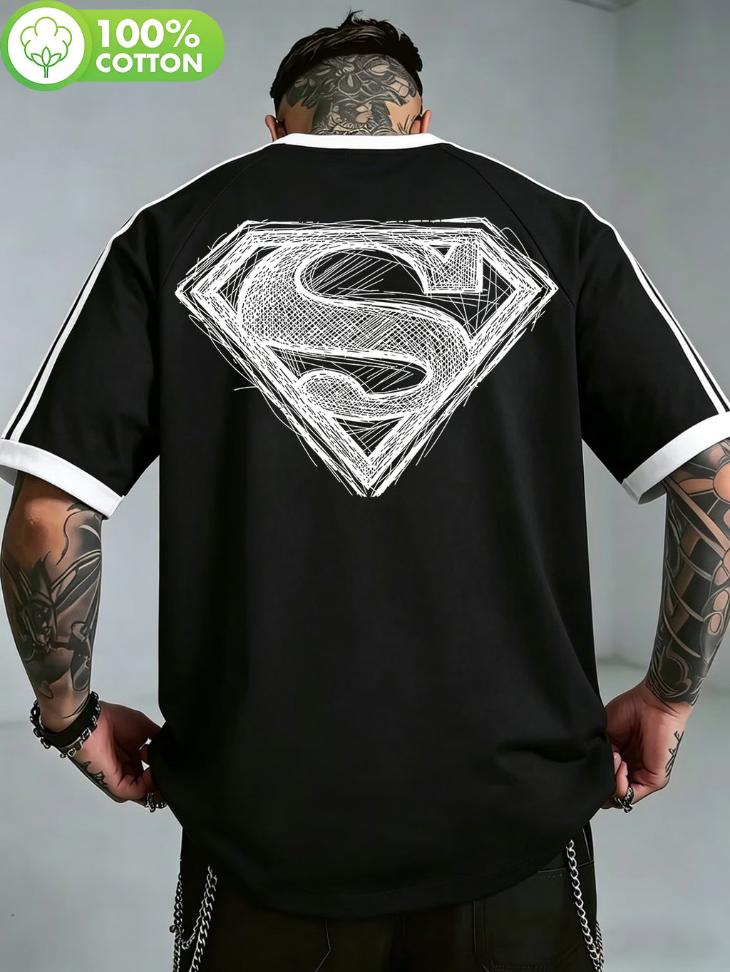 WB Warner Bros. Authentic New Men's Raglan Double-Stripe 100% Pure Cotton T-Shirt, Featuring a Hand-Drawn Draft-Style Superman Core Emblem Print with Distressed Thread Design. A Versatile Casual Cotton Tee for Men, Suitable for Daily Wear and Outdoor - Black