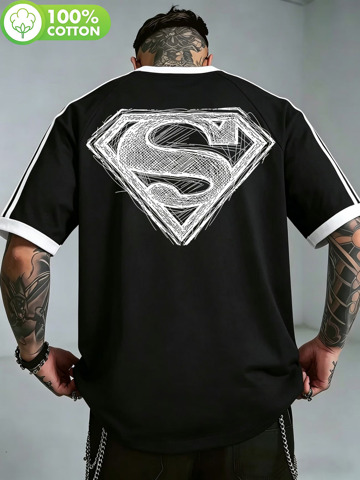 WB Warner Bros. Authentic New Men's Raglan Double-Stripe 100% Pure Cotton T-Shirt, Featuring a Hand-Drawn Draft-Style Superman Core Emblem Print with Distressed Thread Design. A Versatile Casual Cotton Tee for Men, Suitable for Daily Wear and Outdoor - Black