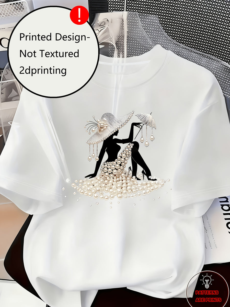 Printed Design Casual Crew Neck T-Shirt, Spring/Summer Fashion Women's T-Shirt [Printed Design – Not Textured] - White 8
