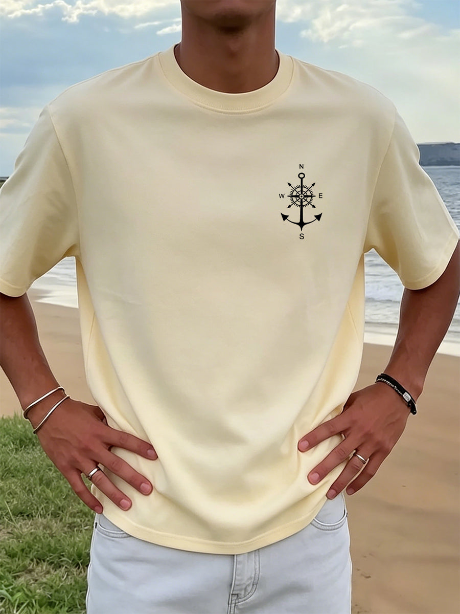 Men's 100% Cotton Nautical T-Shirt with Anchor & Compass Print - Soft Breathable Round Neck Casual Shirt Suitable for All Seasons, Beach Vacations, Sailing, Fishing, Casual Attire - Machine Washable Maritime - Apricot