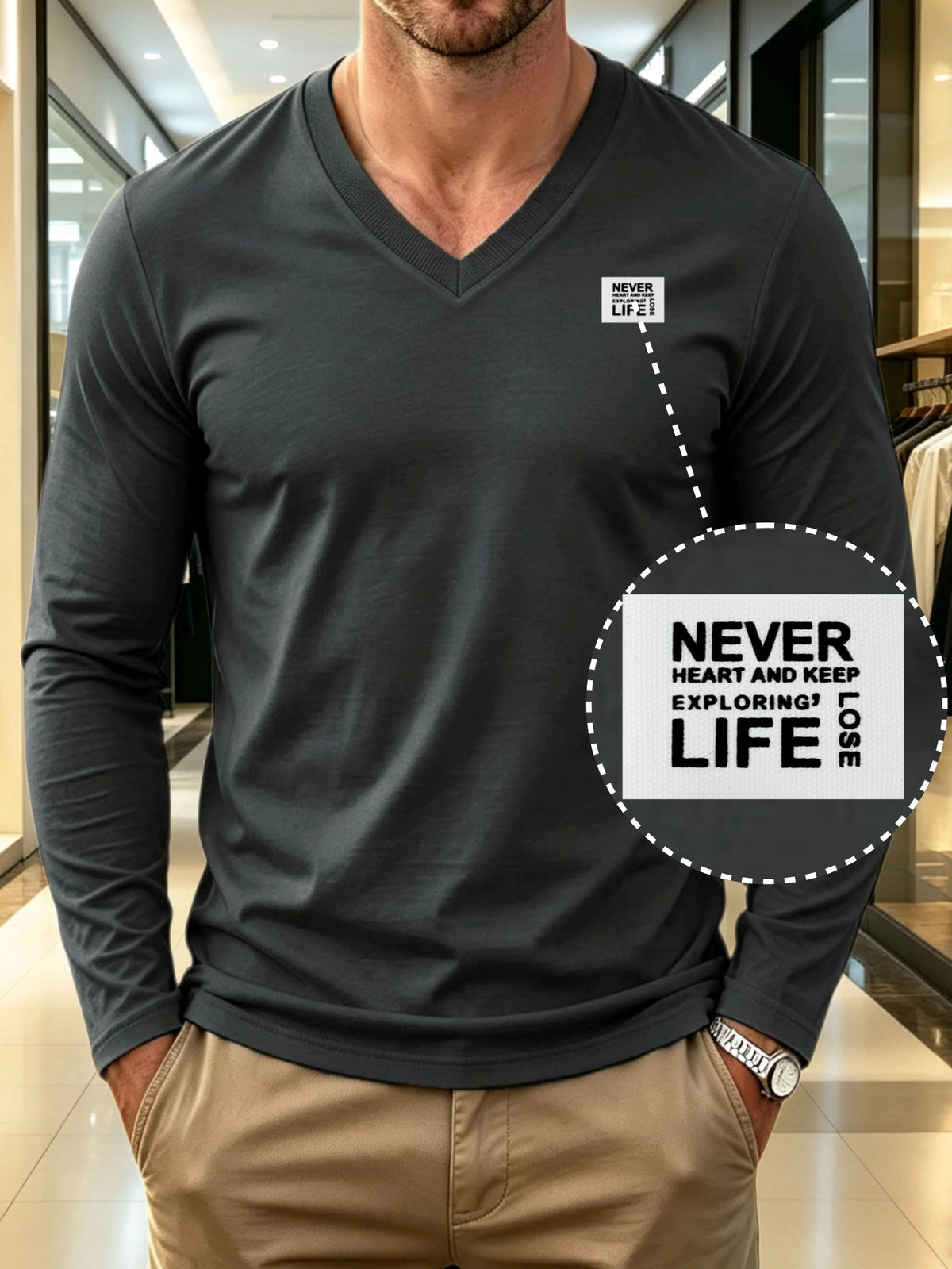 100% Cotton Men's V-Neck Long Sleeve Crewneck T-Shirt, Men's Knit Sweatshirt, Casual Sporty Outdoor Top, Versatile Men's Casual T-Shirt, Back-to-School Season, Gift for Friends - Dark Gray 2