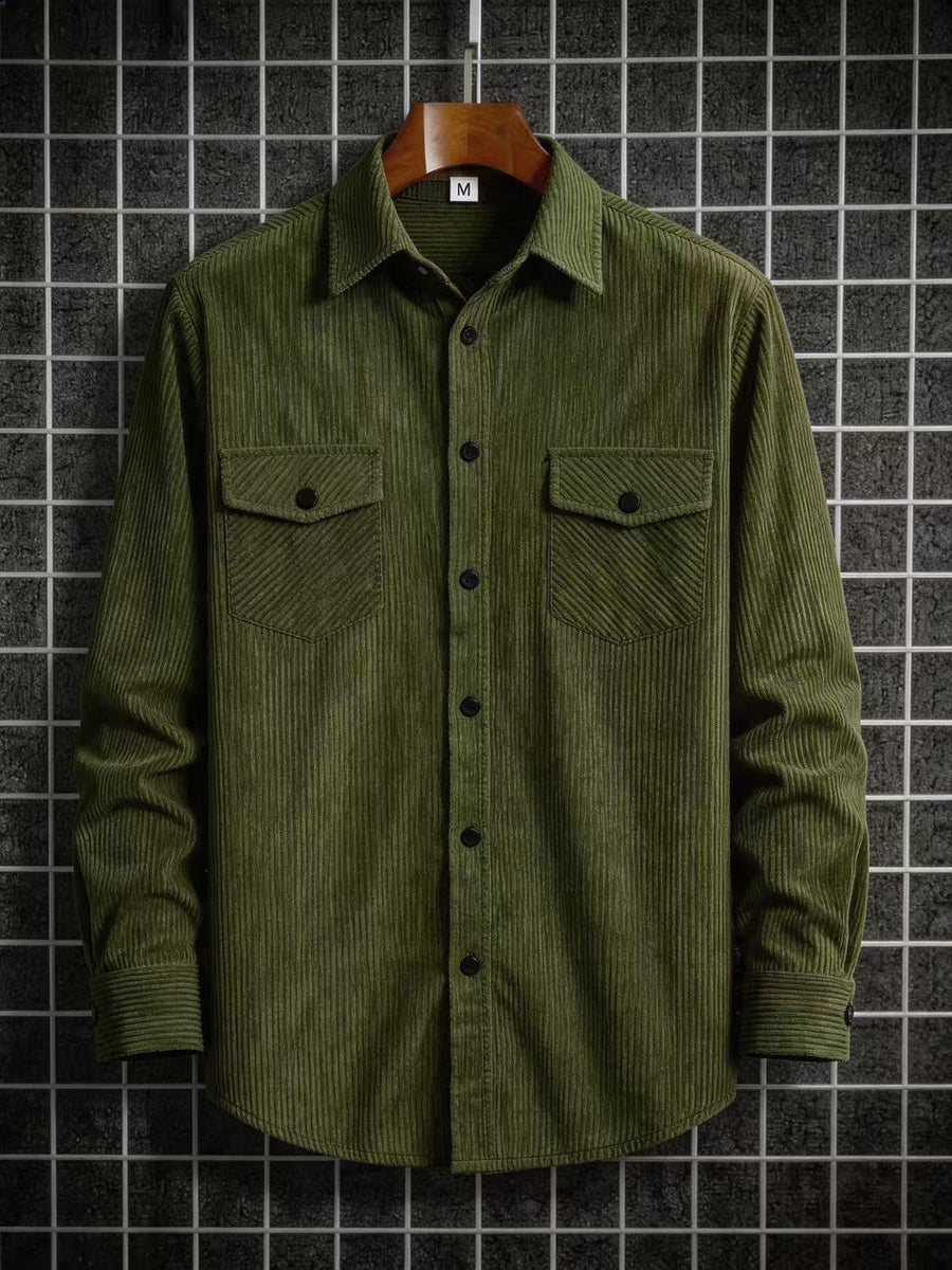Men'S Fashion Versatile Casual Long-Sleeve Shirt, Multiple Colors Available, Pocket Design Corduroy Top Shirt Jacket - Olive Green