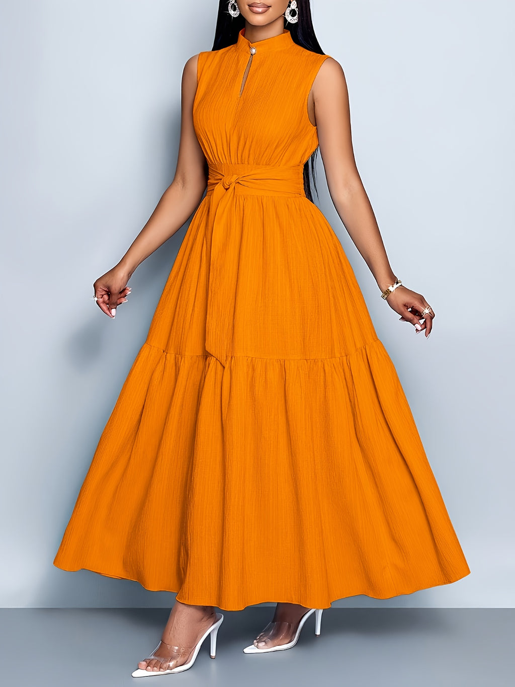 Elegant and Fashionable Women's Solid Color Stand-up Collar Sleeveless Waist-cinching Tie-knot Dress with Front Cutout, Suitable for Casual, Fashionable, and Commuting Styles. Selected from the Industry's Elegant Series, Ideal for Parties and Work - Orange