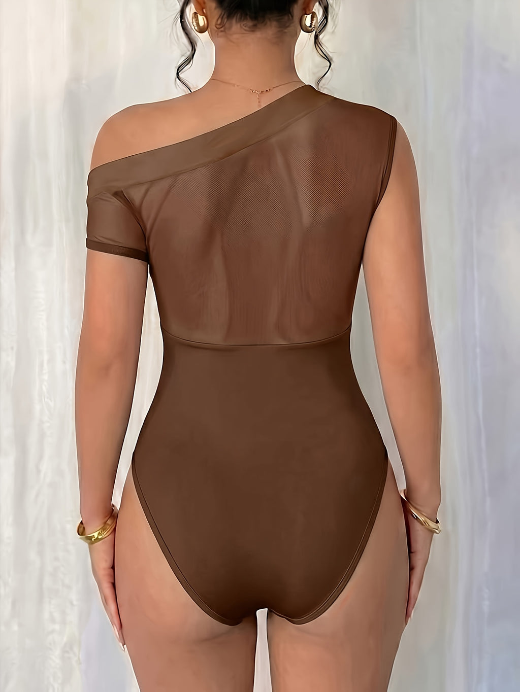 New Women's Versatile Summer Mesh Bodysuit, Elegant and One-shoulder Mesh Patchwork Pleated Bodysuit, Sexy Party and Nightclub Outfit, Elegant Summer Women's Bodysuit. - Light Brown-1