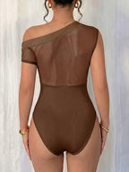 New Women's Versatile Summer Mesh Bodysuit, Elegant and One-shoulder Mesh Patchwork Pleated Bodysuit, Sexy Party and Nightclub Outfit, Elegant Summer Women's Bodysuit. - Light Brown-1