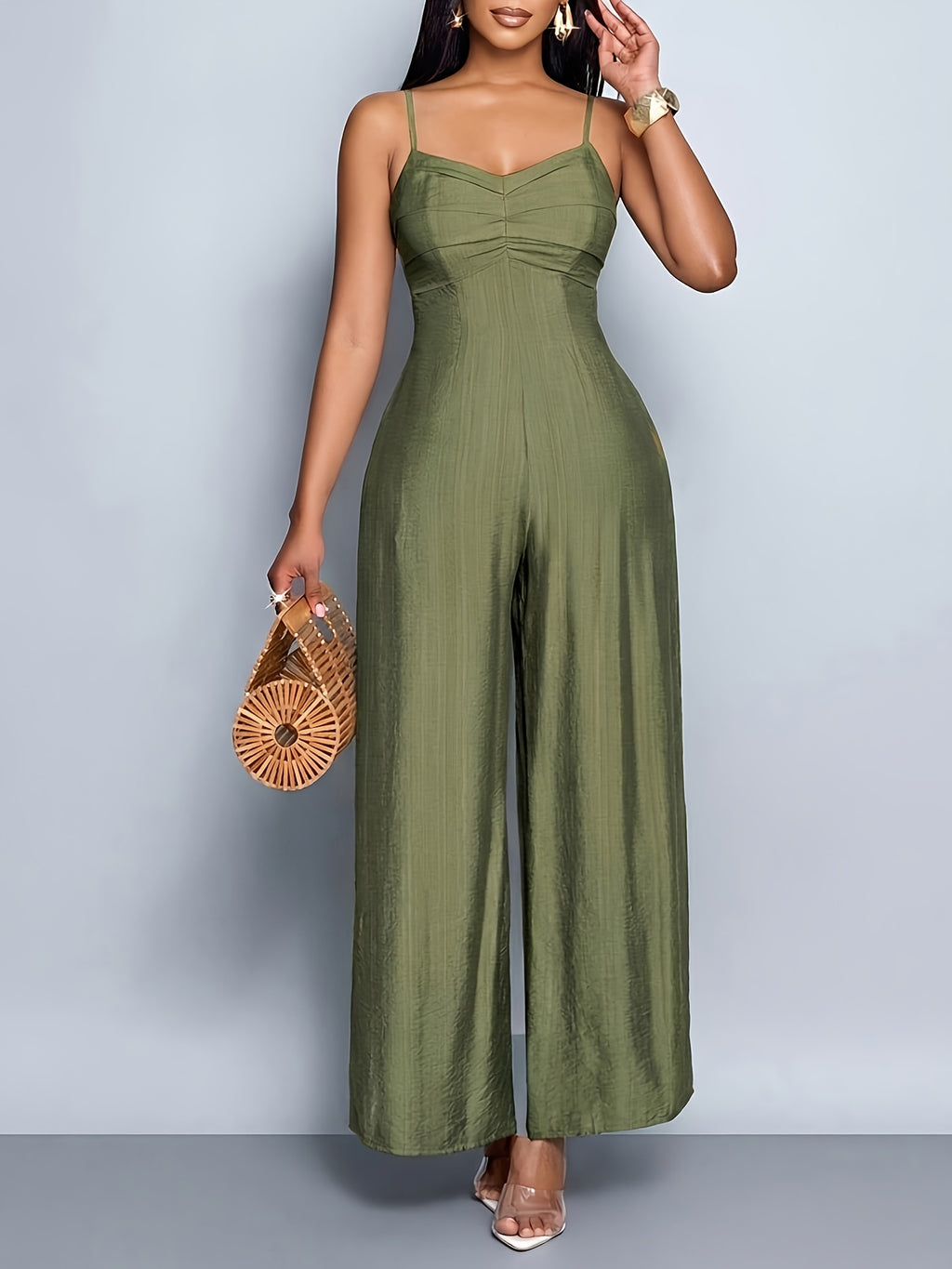 Women'S Draped Front Lace Up Backless Wide Leg Cami Jumpsuit | Elegant Solid Color, Sleeveless, Long Length, Suitable for Everyday Wear & Vacation - Olive Green