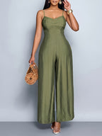 Women'S Draped Front Lace Up Backless Wide Leg Cami Jumpsuit | Elegant Solid Color, Sleeveless, Long Length, Suitable for Everyday Wear & Vacation - Olive Green