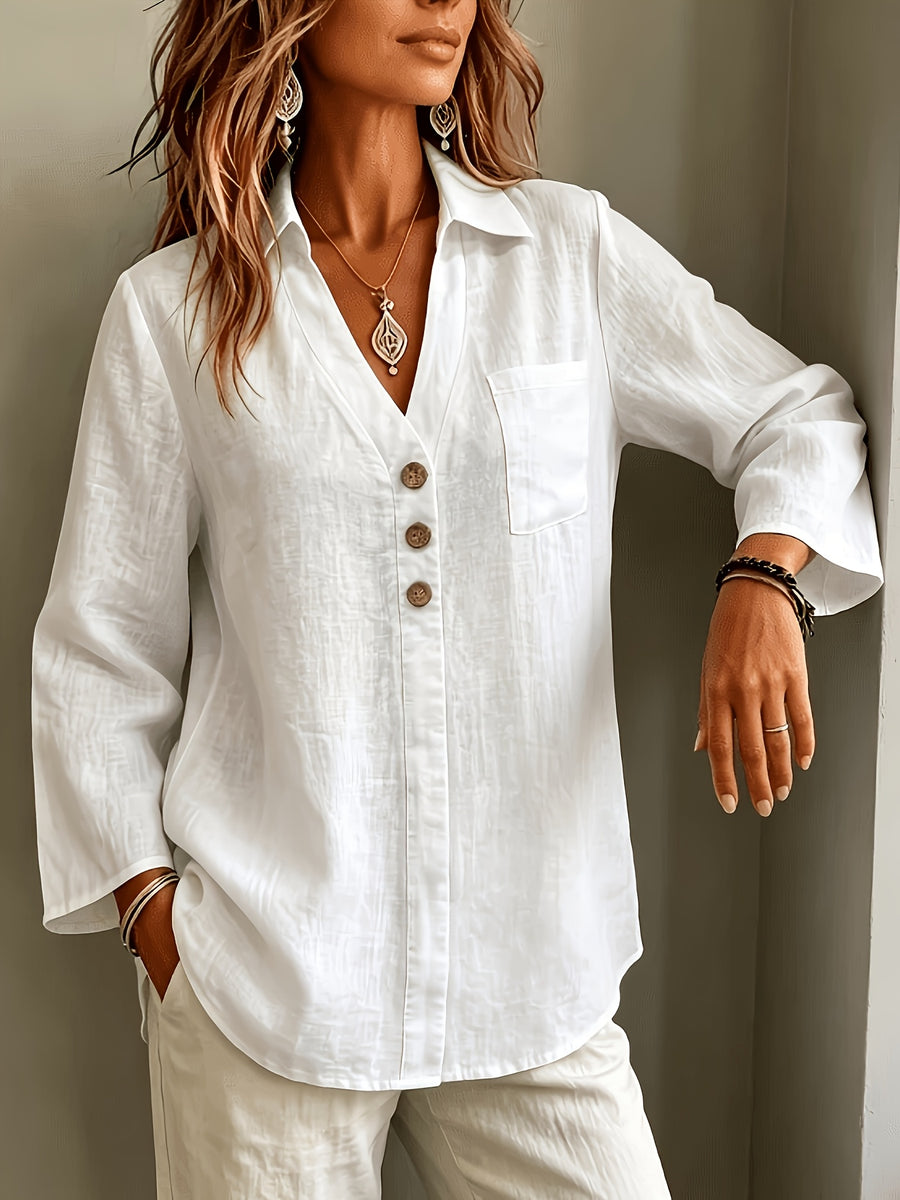 Women's Elegant Lapel Three-Quarter Sleeve Shirt, Linen Texture Loose Relaxed Style Top, Breathable and Skin-Friendly for Commuting, Casual, and Versatile Wear, Simple Large Button + Patch Pocket Design for Figure-Flattering and Effect - White