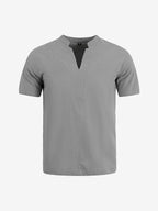 Men'S Minimalist Summer Casual Shirt, Linen Texture Short Sleeve Stand Collar V-Neck Pullover, Soft And Breathable, Loose Fit, Suitable for Business Casual, Vacation, Weekend Gatherings, And More - 1pc Gray