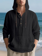Men'S Casual Linen Hoodie Shirt, Long Sleeve Henley Top with Button Placket, Hooded Design And Comfortable Loose Fit, Made from Lightweight Breathable Linen Material, Perfect for Beach Trips, Tropical Holidays, Cruise Travel, And Summer Daily Wear - Black