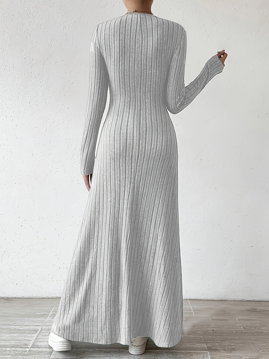 Women's Elegant V-Neck Long Sleeve A-Line Dress - Solid Color Machine Washable Fall Dress with Flattering Silhouette, Versatile for Casual & Formal Occasions, Long Sleeve Maxi Dress, Comfortable Fit - Light Grey