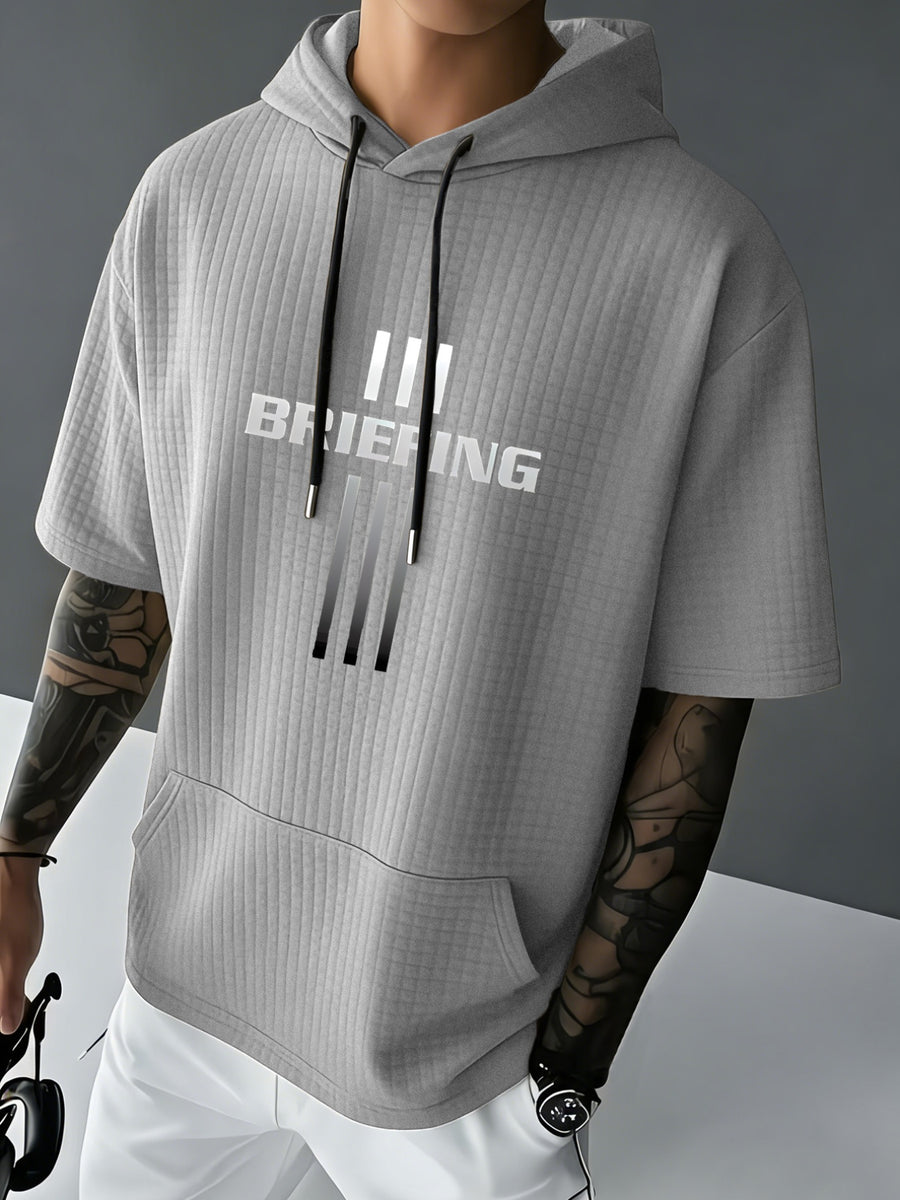 BRIEFING Men's Waffle Knit Short Sleeve Hoodie Top, Comfortable Printed Drawstring Sweatshirt T-Shirt with Pocket, Summer Casual Fashion Men's Apparel, Suitable for Outings and Home Wear, Suitable for Daily and Formal Wear, Simple Summer Fashion - Grey