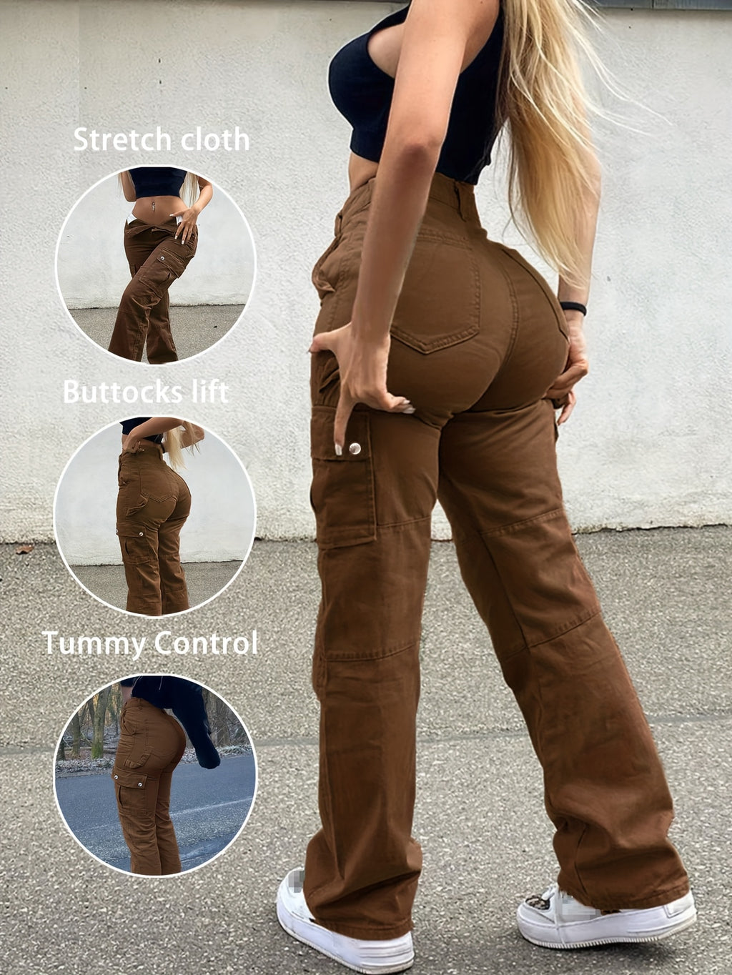 Women's Y2K Vintage Brown Cargo Pants, Straight Baggy Fit Jeans, Multiple Pockets, New Spring All Seasons Casual Streetwear - Dark Brown