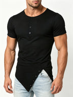 Men's Summer Irregular Slant Hem Slim Fit Comfortable Breathable Simple Solid Color Henley Shirt - Black