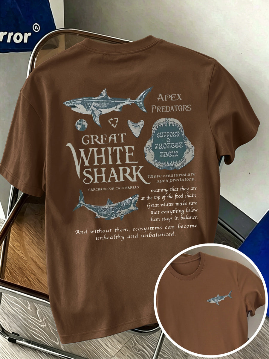 New Men's 100% Pure Cotton T-Shirt with Shark Print, Comfortable and Breathable, Versatile for Summer Casual Wear - Coffee Brown
