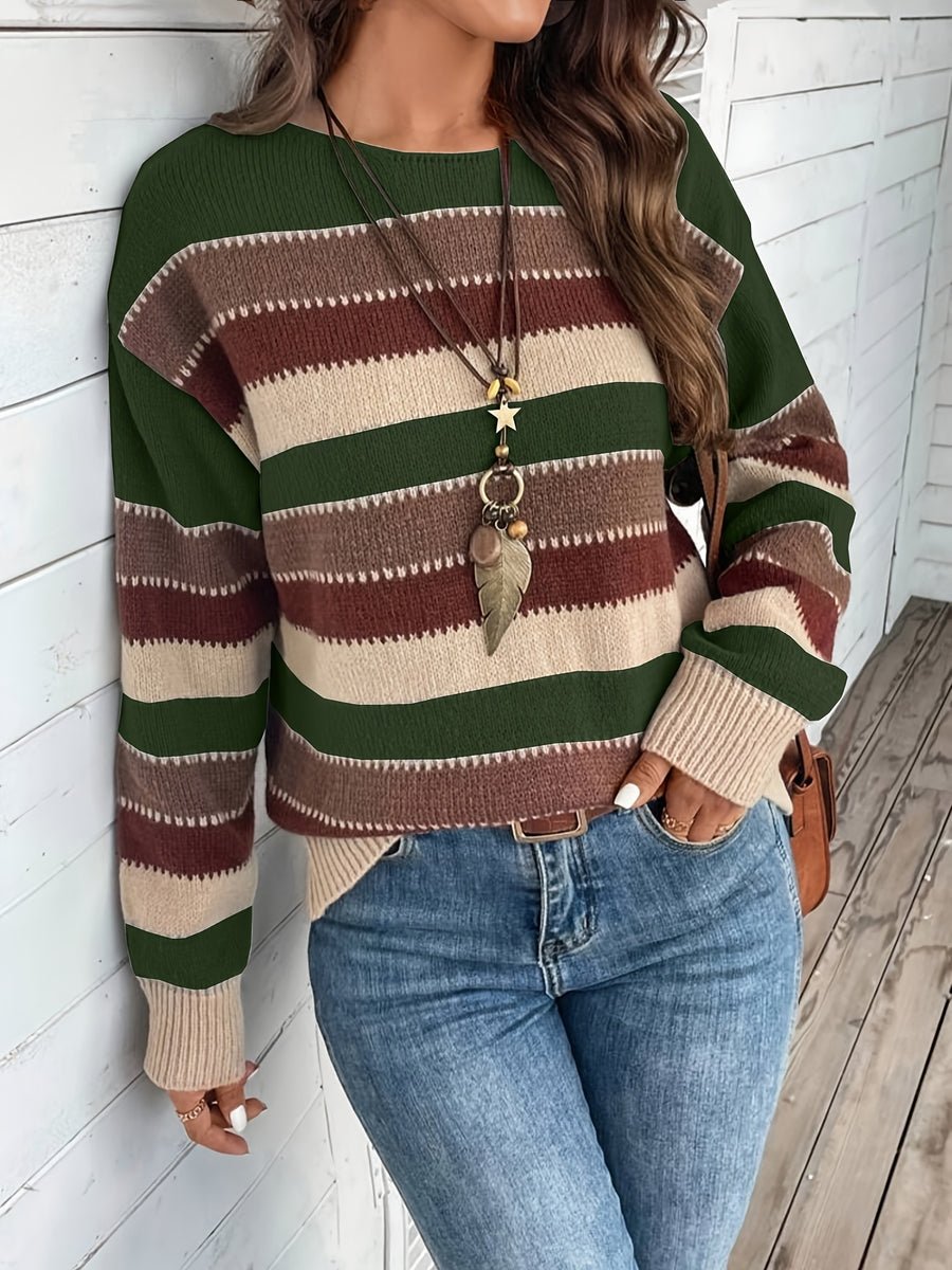 Women's Vintage Casual Sweater - Soft Medium-Stretch Round Neck Long Sleeve, Horizontal Striped Loose Fit Pullover for All-Season Comfort & Everyday Elegance, Cute Sweaters, Elegant Layering Piece, Durable Knitwear - Olive Green