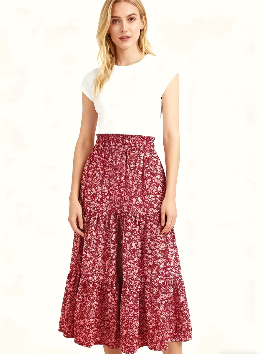 A Women's Red Floral Print Midi Skirt with High Waist and Ruffled Flared Hem, French-style Vintage Resort-style Midi Skirt, Vintage Red Floral Cake Skirt, Ruffled A-line Skirt with Patchwork, a Midi Skirt for Commuting and Casual Wear, a Red Floral - Red