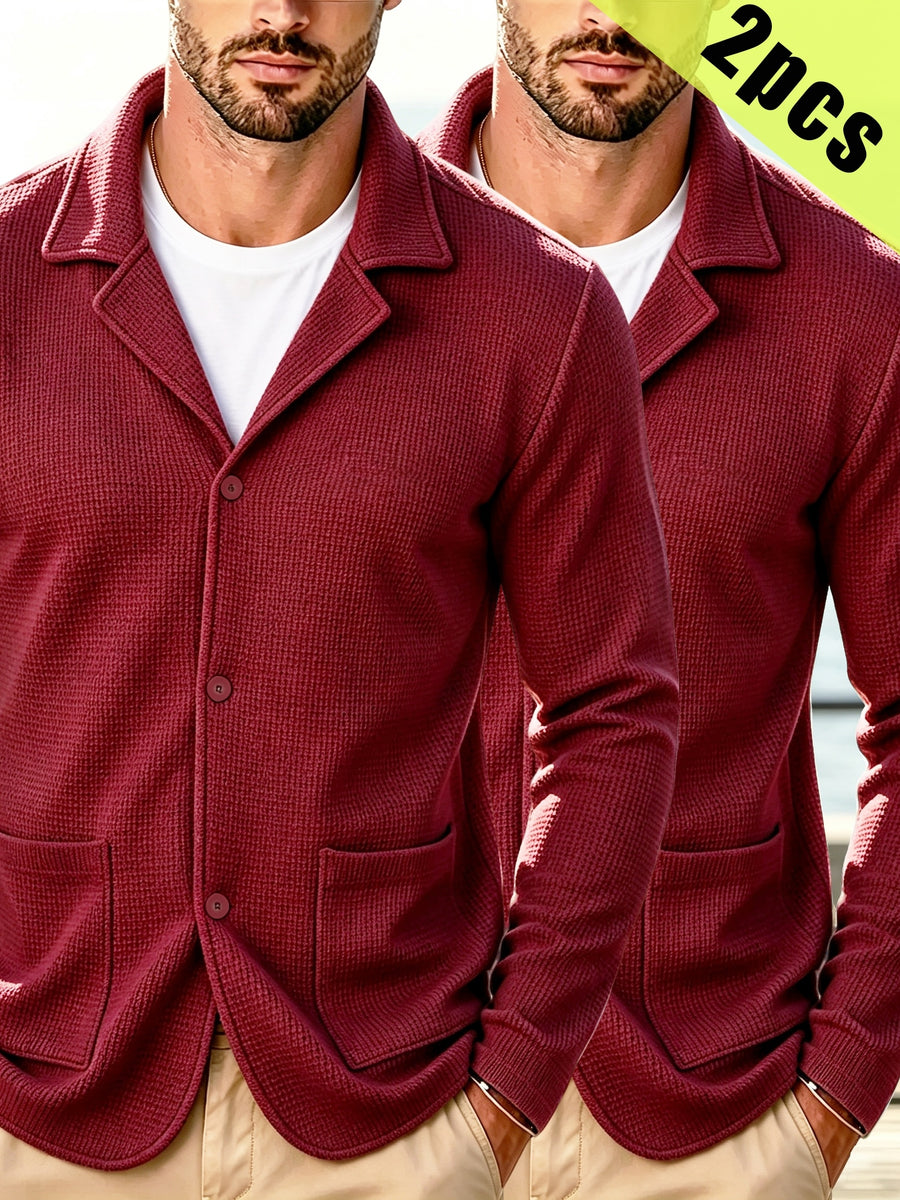 2pcs Men'S Spring Autumn New Waffle Check Blazer Collar Cardigan Single Button Double Pocket Business Casual All-Match Long Sleeve Jacket, Knit Soft Comfortable Fashion Solid Color Outerwear - Wine Red + Wine Red