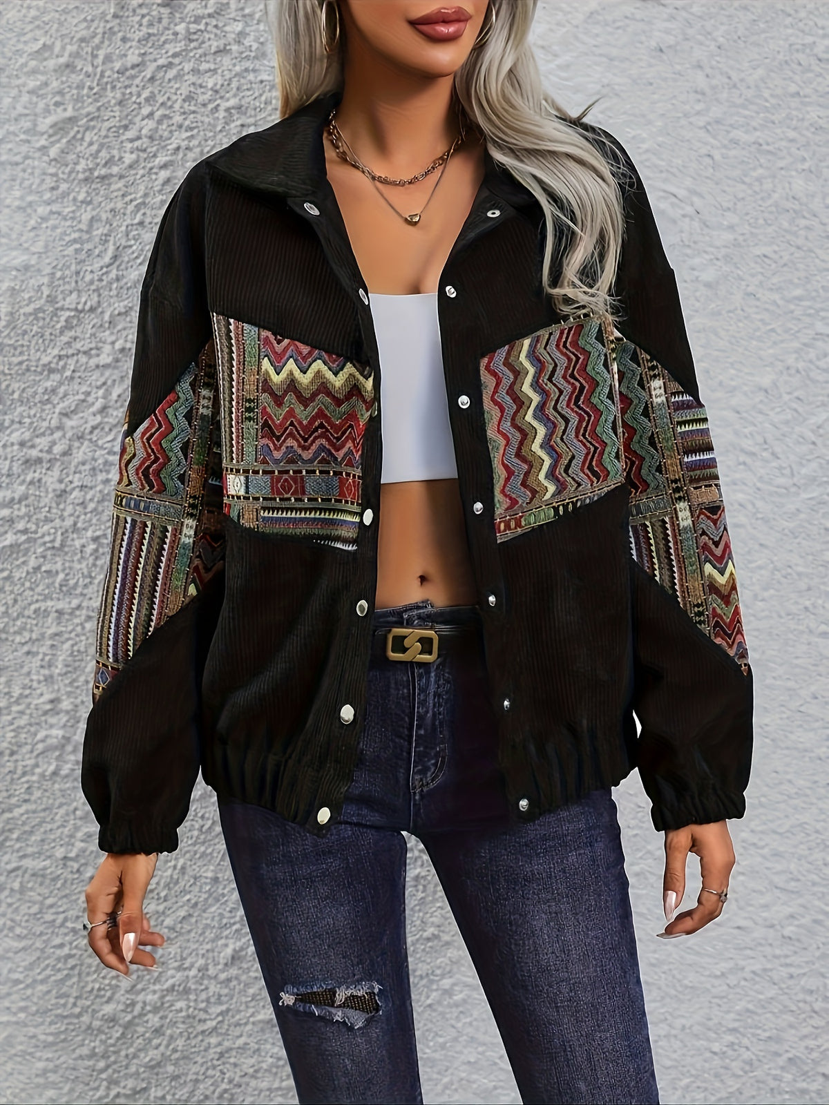 Patchwork Ethnic Style Long Sleeve Lapel Casual Jacket Women'S - Black