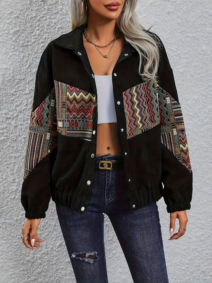 Patchwork Ethnic Style Long Sleeve Lapel Casual Jacket Women'S - Black