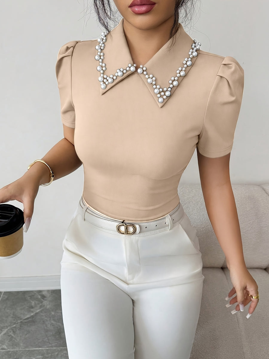 Women'S Fashion Spring/Summer Style Date Socialite Style Neckline Faux Pearl Embellished T-Shirt Slim Fit Puff Sleeve Lapel Short Sleeve Elegant And Short Top - Khaki