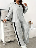 A Stylish And Casual Two-Piece Set for Women Featuring a Zip Collar Long-Sleeve Top And Wide-Leg Pants, Made from Soft, Skin-Friendly Fabric with a Vertical Stripe Texture, Perfect for Everyday Outings - Grey