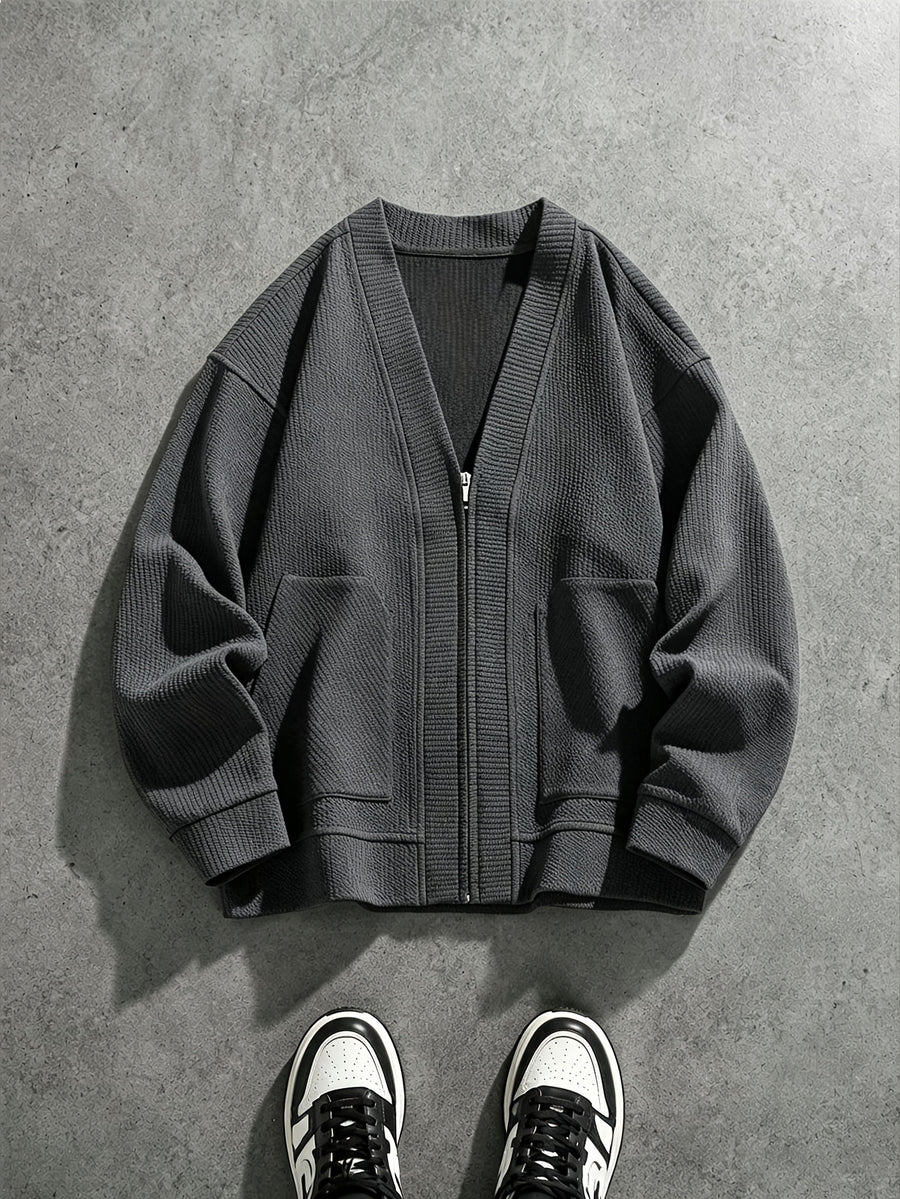 Spring/Autumn New Men's Solid Color V-Neck Zipper Knit Cardigan Jacket, Versatile Top for Commuting, Daily Wear, and Casual Occasions, Simple, Loose-Fitting, Skin-Friendly, and Soft, Couple's Knit Outerwear - Grey