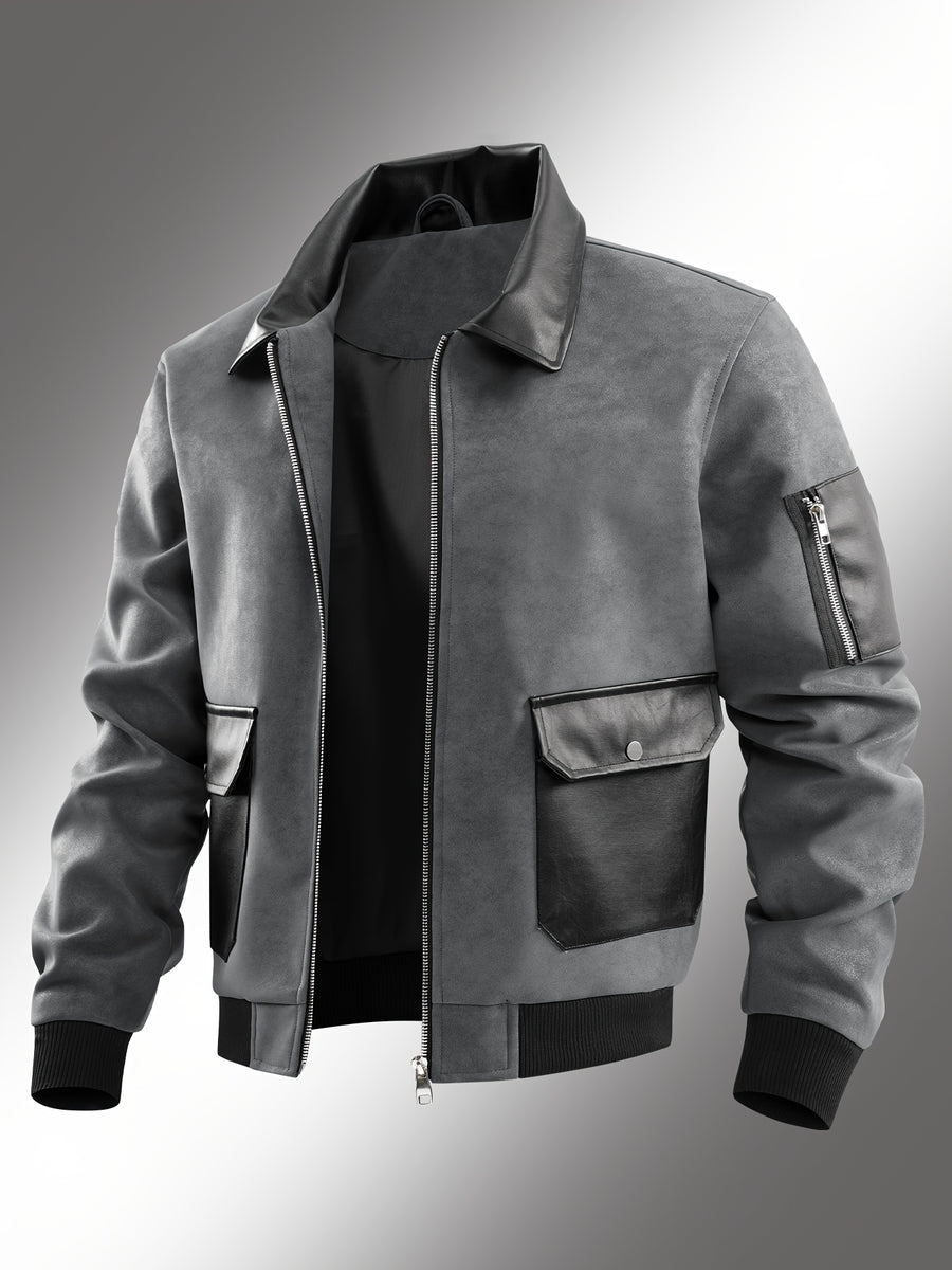 Men'S Color-Block Workwear Pilot Jacket, Lapel Multi-Pocket Zip-Up Autumn And Winter Casual Jacket, Suitable for Daily Work Scenarios - Grey