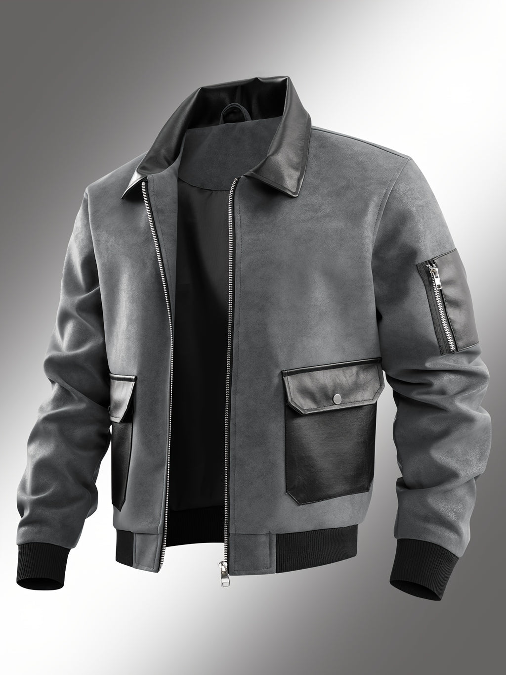 Men'S Color-Block Workwear Pilot Jacket, Lapel Multi-Pocket Zip-Up Autumn And Winter Casual Jacket, Suitable for Daily Work Scenarios - Grey
