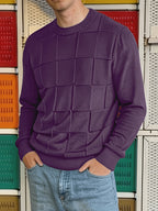 Men'S Round Neck Plaid Textured Knit Sweater, Long Sleeve Soft Lightweight Pullover, Suitable for Business Casual Wear - Gray Purple