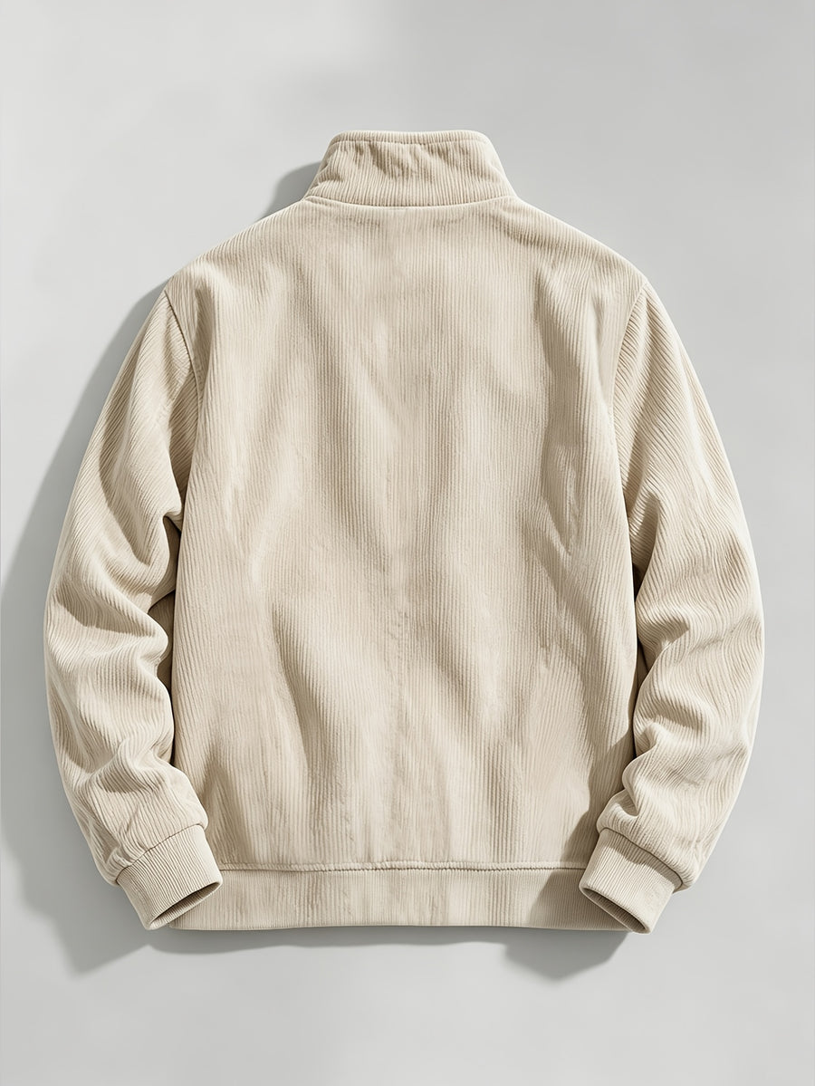 New Arrival Special 1pc Men'S Corduroy Short Stand Collar Jacket Button-Front Stand Collar Drawstring Design Chest Patch Pocket Ribbed Cuffs Hem Retro Workwear Style Autumn Winter Casual Commute Street Wear Outing Party Jacket - Apricot