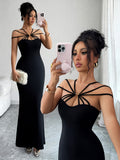 Elegant Multi-strap Metal Buckle Tube Top Cinched Waist Hip-hugging Mermaid Extra-long Dress for Women - Black