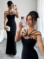 Elegant Multi-strap Metal Buckle Tube Top Cinched Waist Hip-hugging Mermaid Extra-long Dress for Women - Black