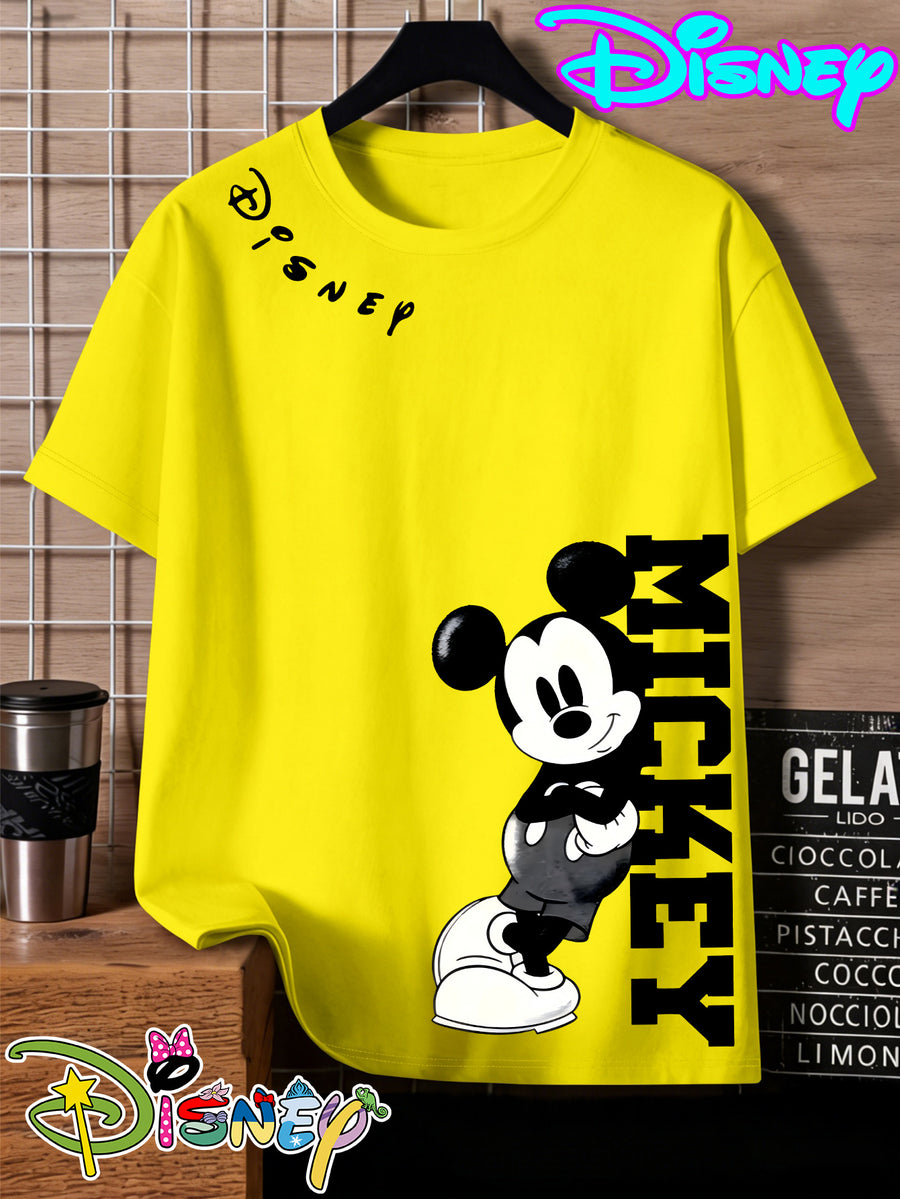 Disney Mickey Black And White Vertical Letter Print Round Neck Short Sleeve T-Shirt, a Minimalist And Trendy Top - Bright Yellow