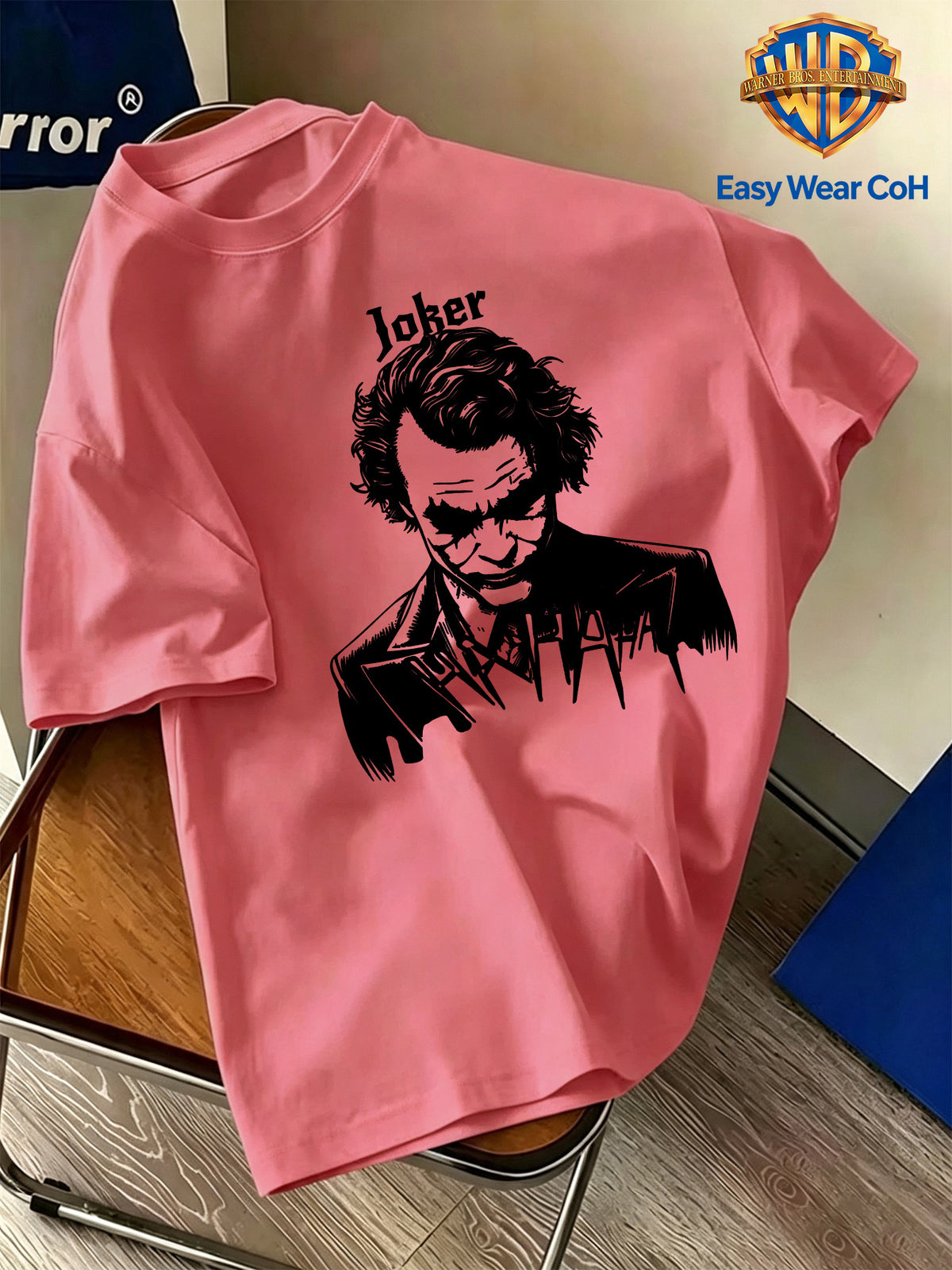 Warner Official Licensed Men'S New Front Back Print Round Neck Short Sleeve T-Shirt, Hand-Drawn Sketch Style Joker JOKER Black And White Sketch HA HA Laughing Element Line Print Design, Breathable Skin-Friendly Soft Fabric - Watermelon Red