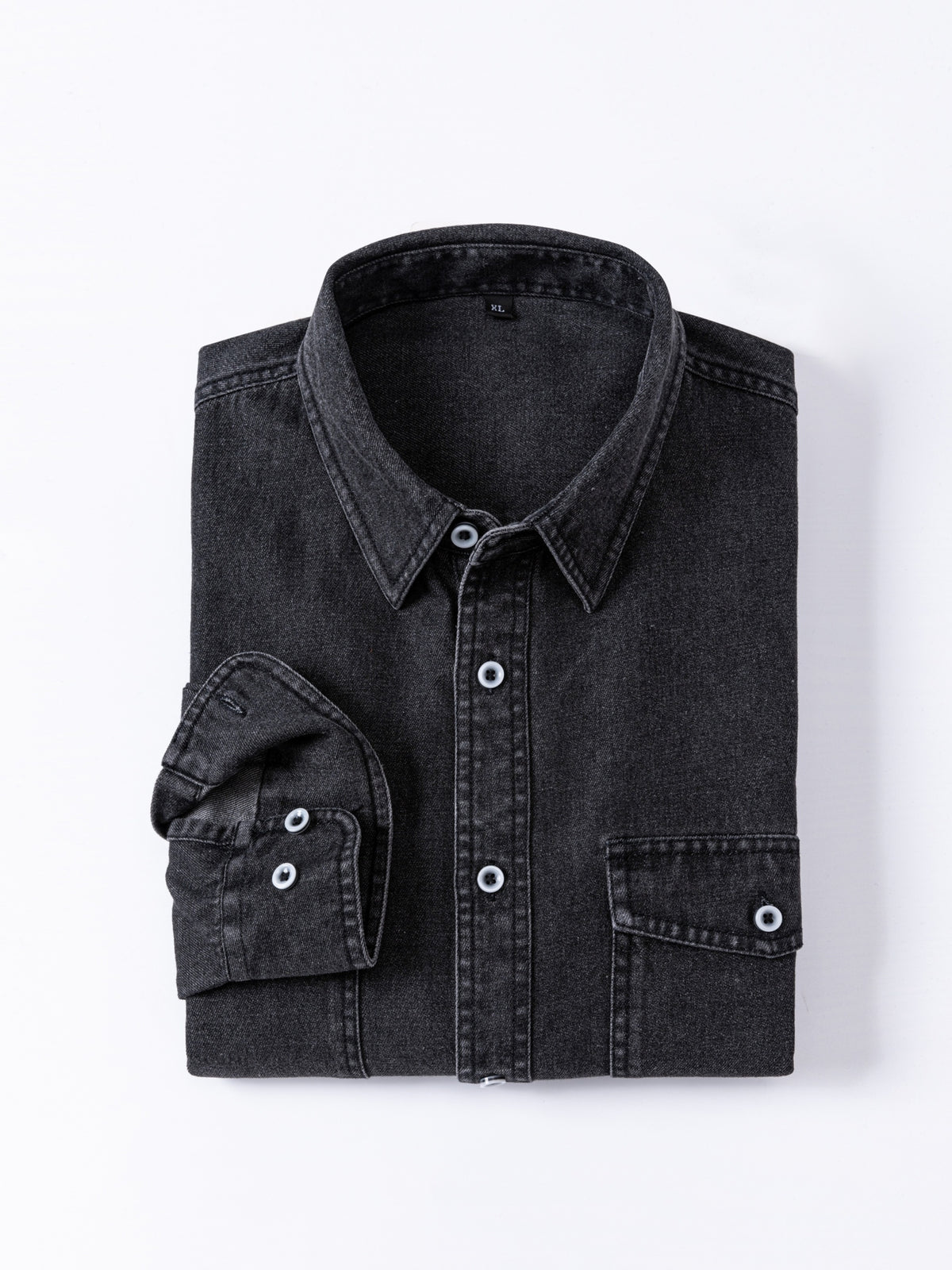 Men'S Casual Shirt American Retro Denim Shirt Fashion Trendy Double-Pocket Utility Shirt Button-Up Long Sleeve T-Shirt Spring Autumn Thin Outerwear - Black